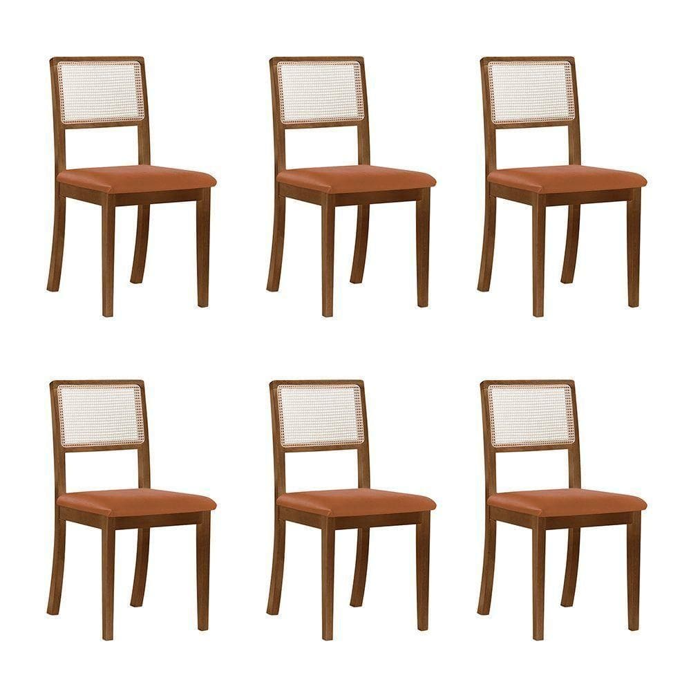 Kit 6 Cadeiras De Jantar Luxo Palha Estofadas Couro Pu Caramelo Tela Sextavada Rubi Madeira Maciça