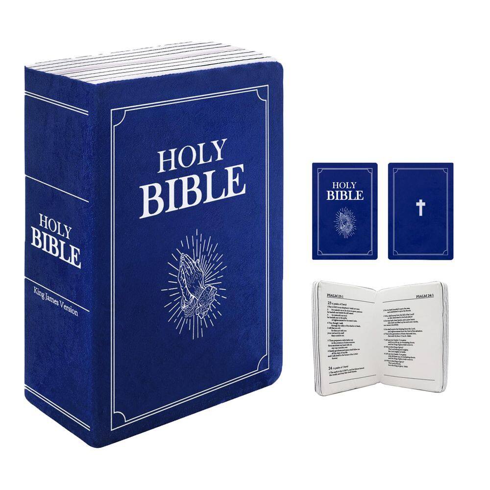 Almofada de pelúcia em forma de livro A Bíblia Sagrada com versículo bíblico azul