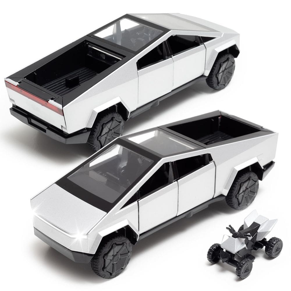 Caminhonete de brinquedo Cybertruck modelo com motocicleta RV em escala 1/32