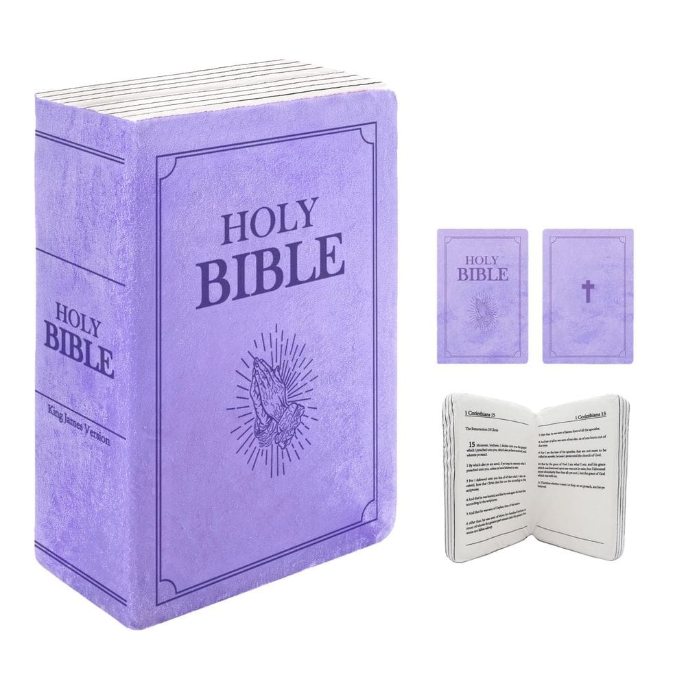 Almofada de pelúcia em forma de livro A Bíblia Sagrada com versículo bíblico roxo