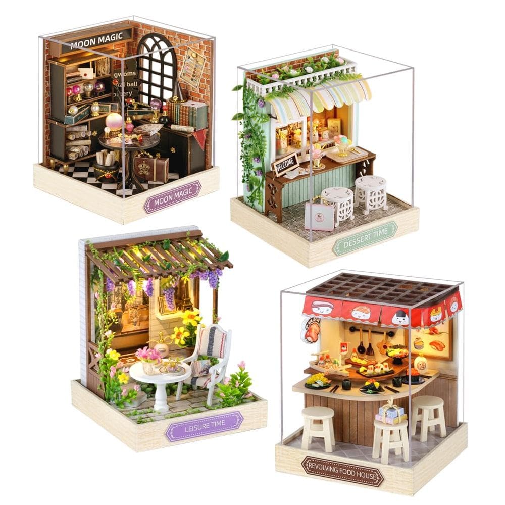 Kit de casa de bonecas em miniatura DIY Casa de bonecas de madeira com LED, 4 unidades