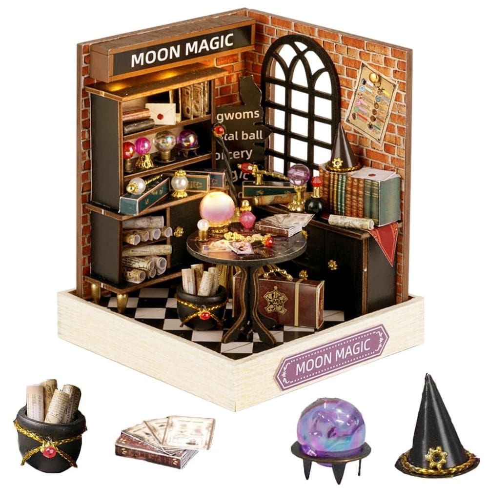 Kit de casa de bonecas em miniatura DIY Casa de bonecas de madeira com LED (lua)