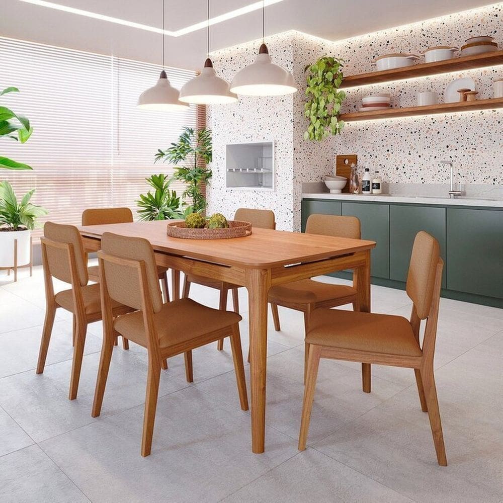Conjunto Sala de Jantar 1 Mesa 180cm 6 Cadeiras Miriti Cabecasa madeiramadeira Caramelo