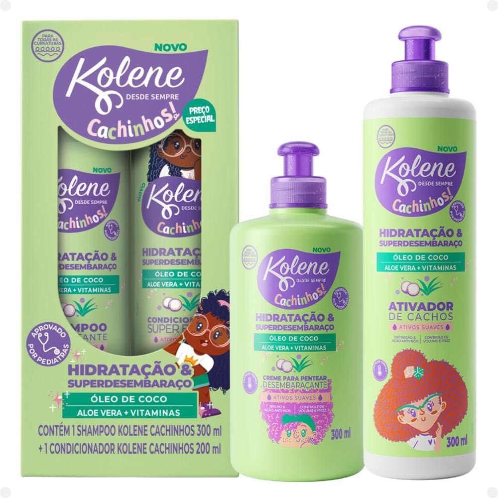 Kit Kolene Cachinhos: Shampoo 300ml, Condicionador 200ml, Creme para Pentear e Ativador de Cachos