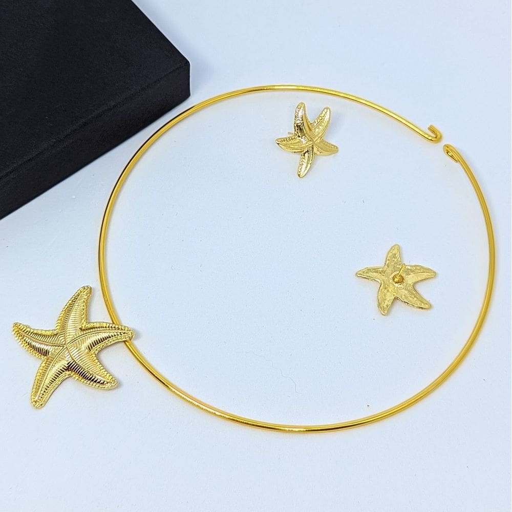 Kit Colar choker aro Liso + Par de Brincos Estrela do mar Antialérgico Folheado Ouro Dourado Luxo Preto moda Feminina
