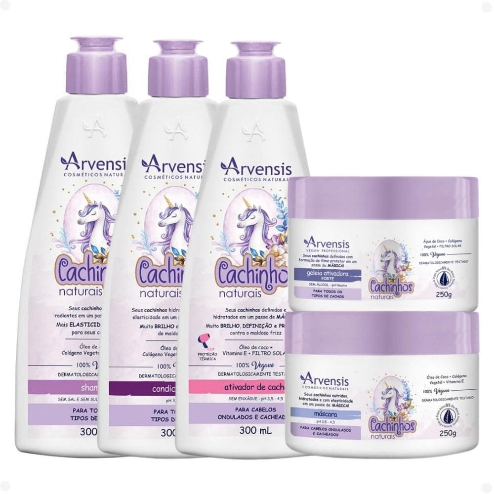 Kit Arvensis Cachinhos Naturais Cabelos Ondulados e Cacheados: Shampoo 300ml, Condicionador 300ml, Máscara 250g, Ativador de Cachos 300ml e Geleia Ati