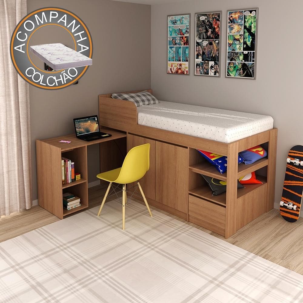 Cama Solteiro Multifuncional CM8021 Amêndoa Tecnomobili + Colchão Ortobom