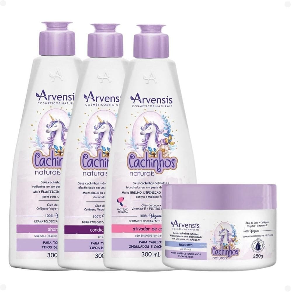 Kit Arvensis Cachinhos Naturais Cabelos Ondulados e Cacheados: Shampoo 300ml, Condicionador 300ml, Máscara 250g e Ativador de Cachos 300ml