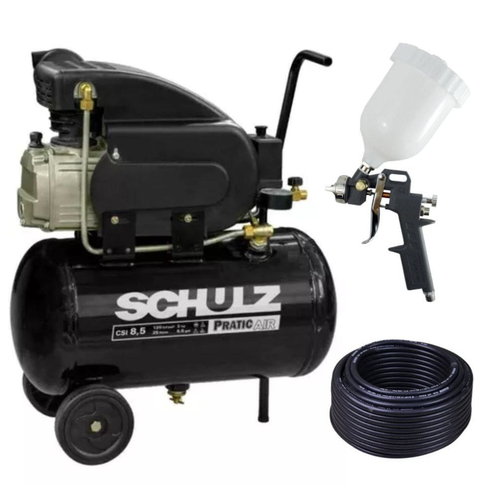 Compressor Ar 8,5pés Pro 25l Schulz + 10m Mang E Kit Pintura