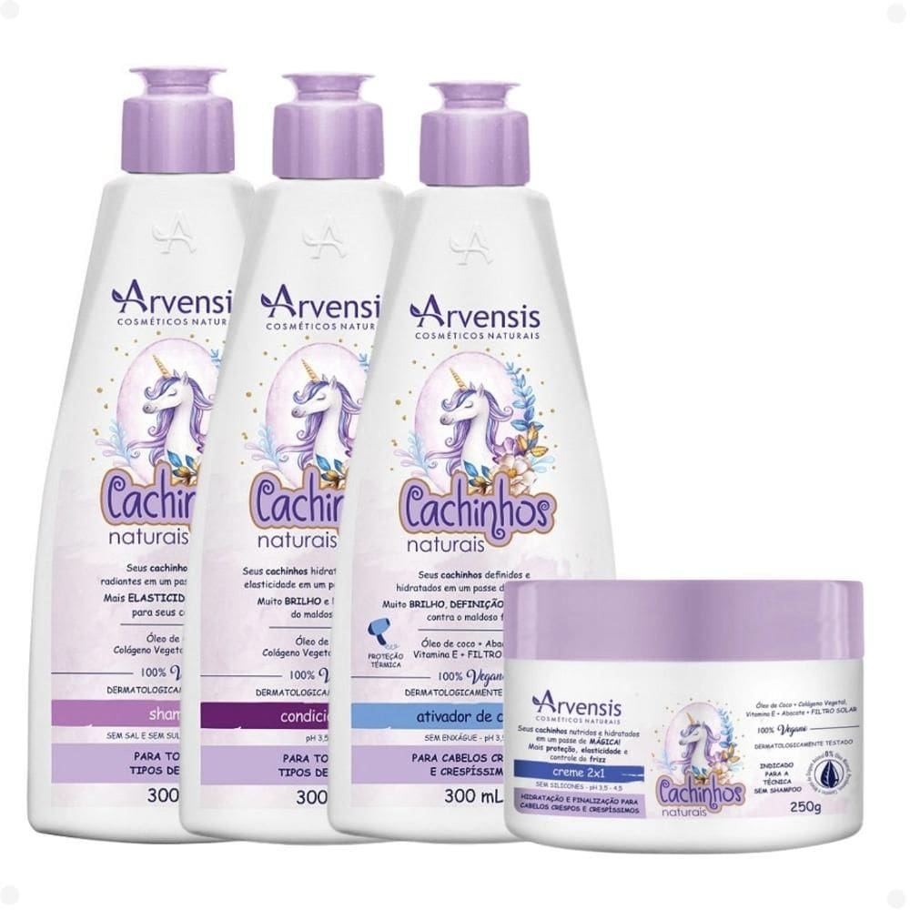 Kit Arvensis Cachinhos Naturais Cabelos Crespos e Crespíssimos: Shampoo 300ml, Condicionador 300ml, Creme 2x1 250g e Ativador de Cachos 300ml
