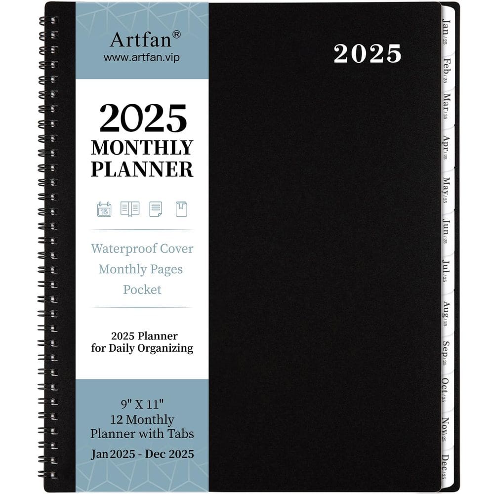 Agenda mensal Artfan 2025 com abas, bolso e etiqueta 9x11cm