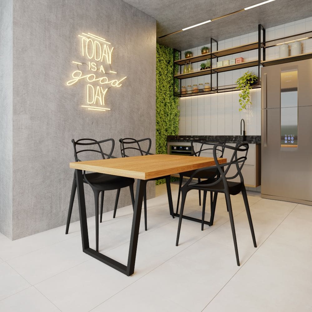 Conjunto Mesa Madeira Maciça Lanna 1,20m Ferragem Preta com 4 Cadeiras Alegra Preta