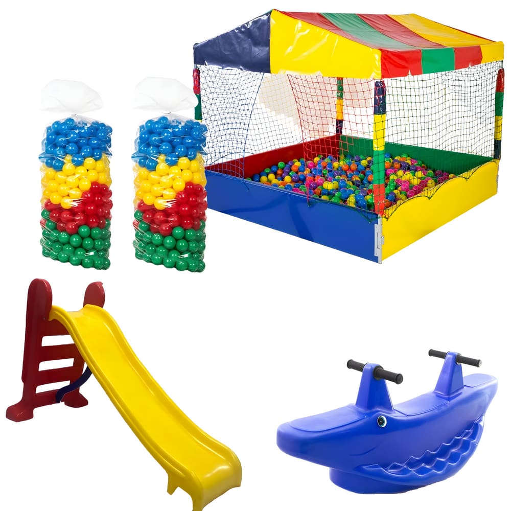 Kit Piscina de Bolinhas 1,50m c/ 1000 Bolinhas Escorregador Médio Gangorra 2 Lugar