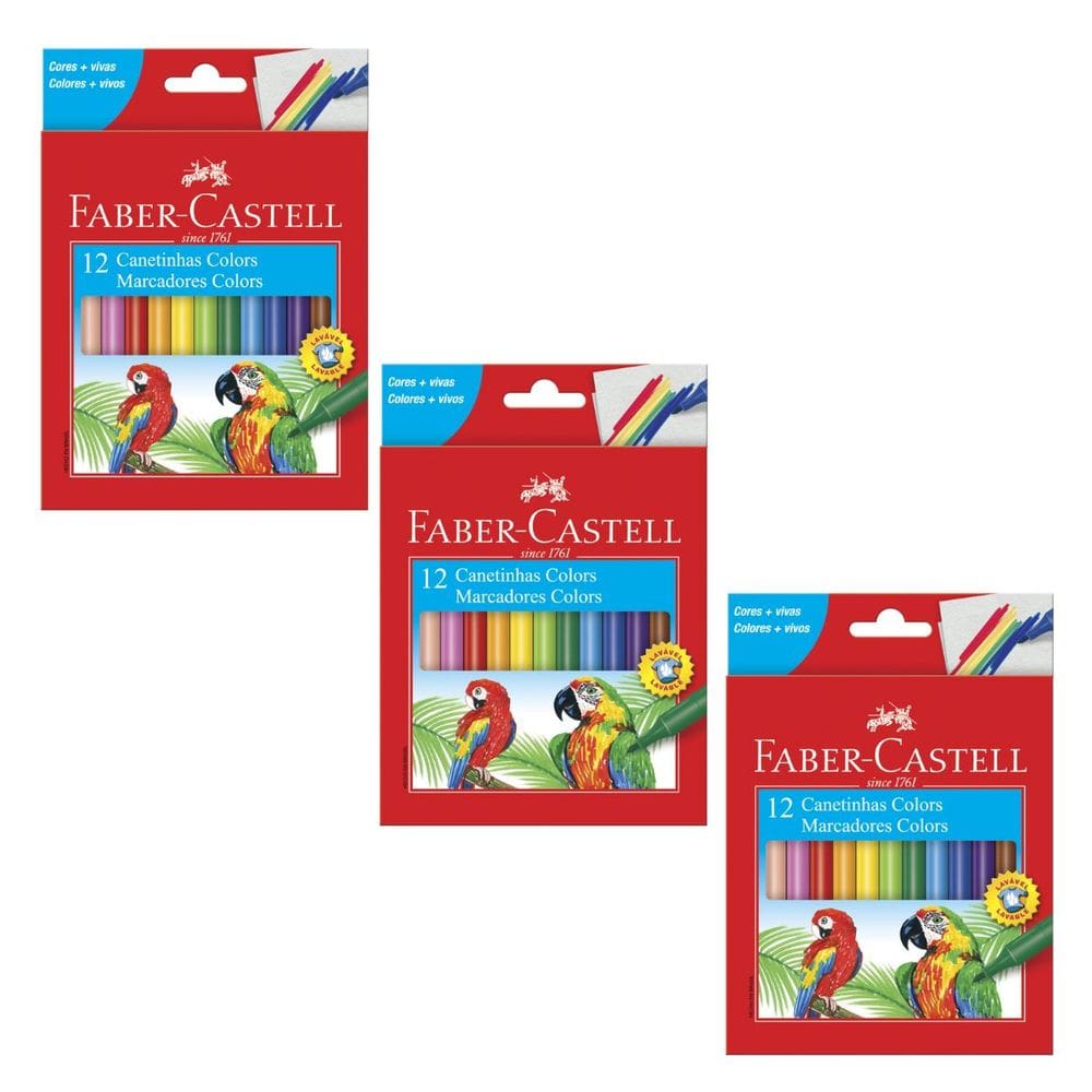 Kit 03 Canetinha Hidrográfica 12 Cores Hidrocor Colorida Faber Castell