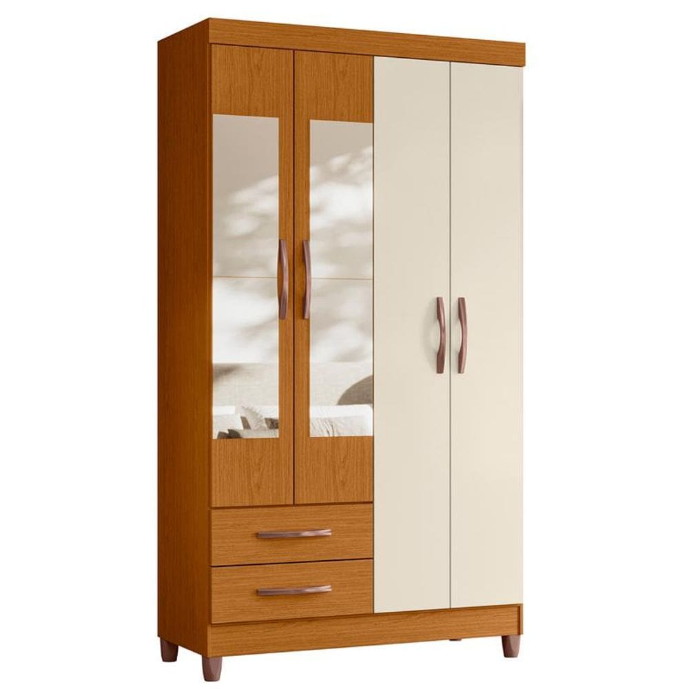 Guarda Roupa Âmbar 4 Portas com Espelho Cinamomo/Off White - ABZ