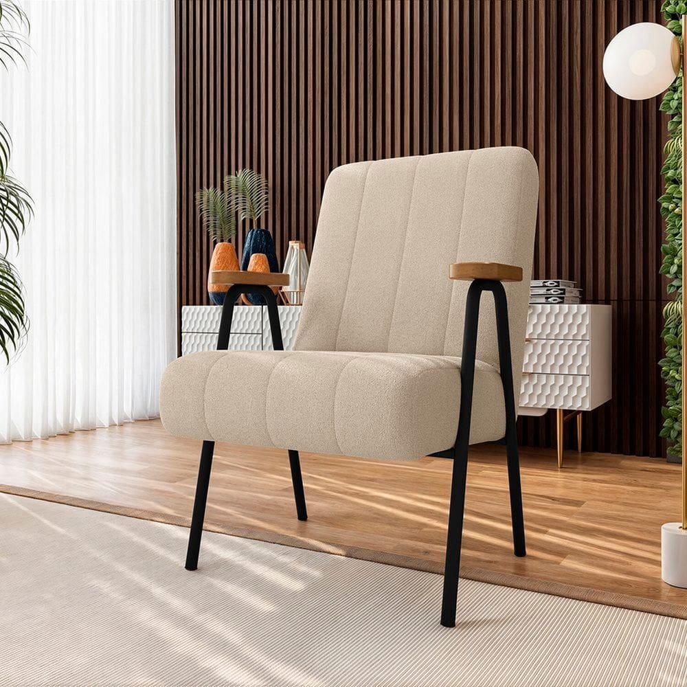 Poltrona Estofada com Braço em Madeira Sonsonate Espresso Móveis Off White