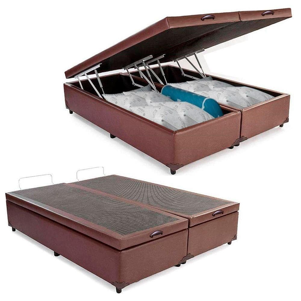 Cama Box Baú Casal Bipartido Sintético Serene Marrom 138x188x44