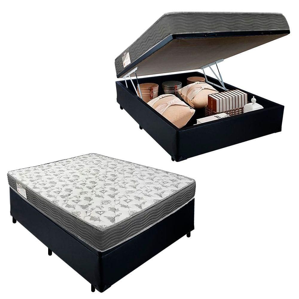 Cama Box Baú Casal Sintético + Colchão De Espuma D33 Serene 138cm Preto