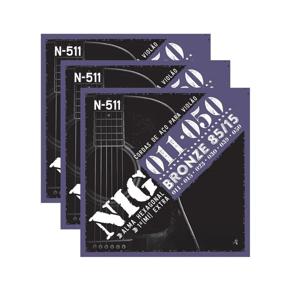 Kit 3 Jogos Encordoamento Violão Aço Folk Bronze Nig N-511 .011"