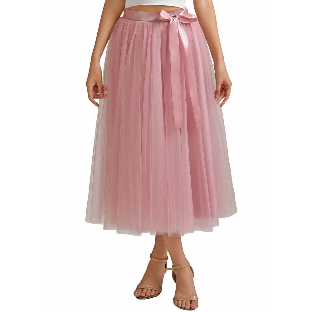 Saia Ai-Berlisha A Line, comprimento de chá, tule, rosa empoeirado para festa