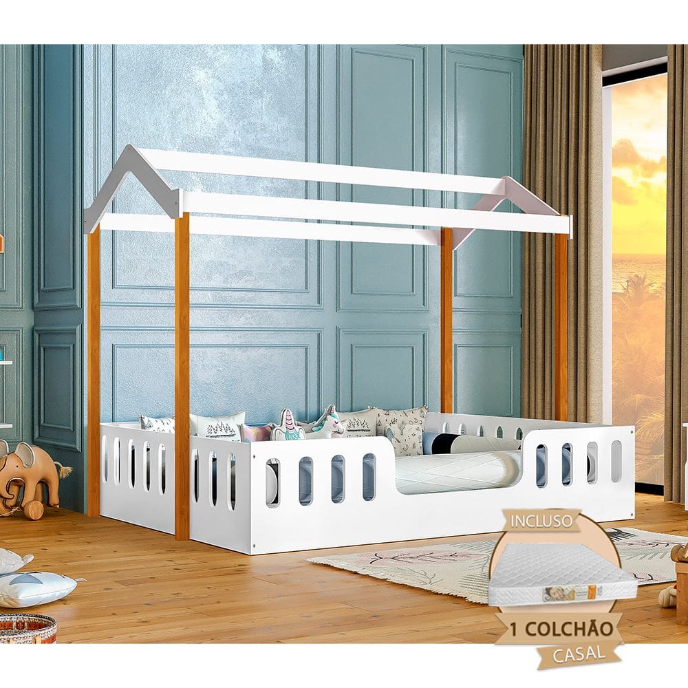 Cama com Colchão Montessoriana Casal Infantil Ágatha Branco/amêndoa