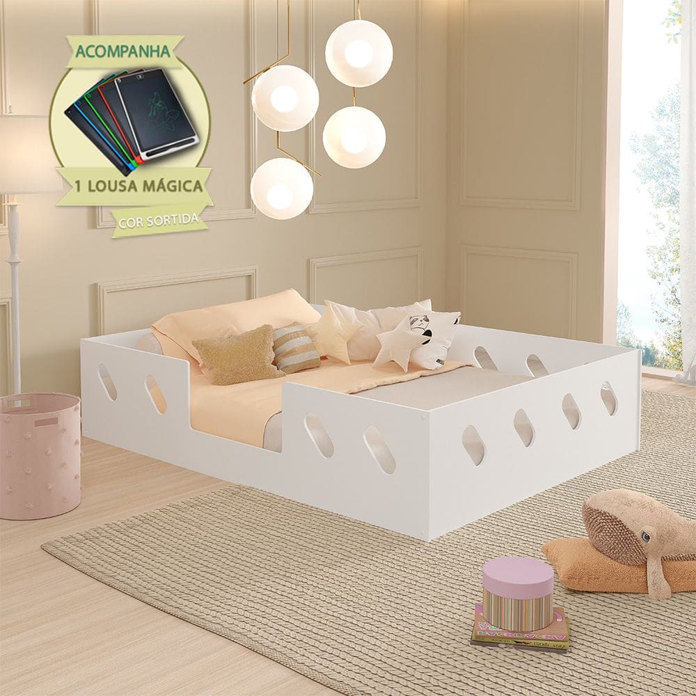 Cama para Criança Infantil Montessoriana Casal Helena - Branca Acompanha Lousa Mágica