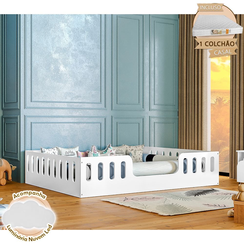 Cama Casal +kit D28 Design Montessoriana Helo Branca + Luminária