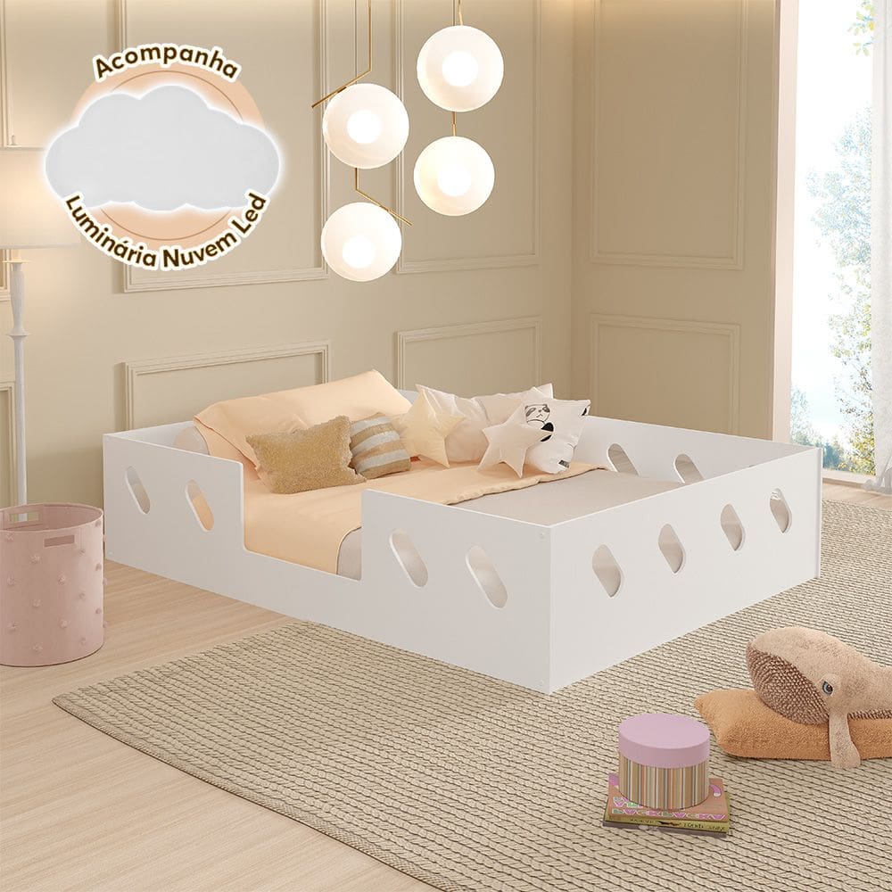 Cama Casal Montessoriana Infantil Helena Branca Acompanha Luminária Nuvem