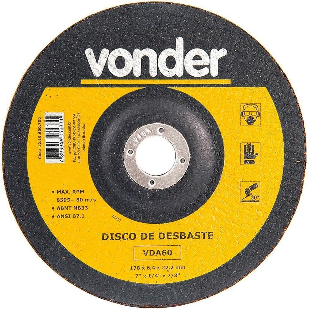 Disco Desbaste 177,8X6,4X22,22 Para Aço Carbono Vda60 Vonder