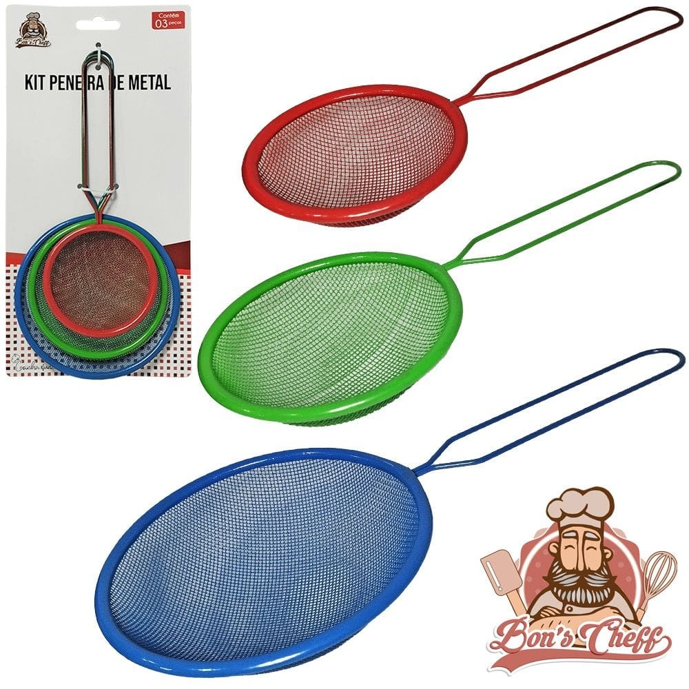 Peneira Coador De Metal Colorida Com 3 Pecas Coar Suco Farinha Acucar