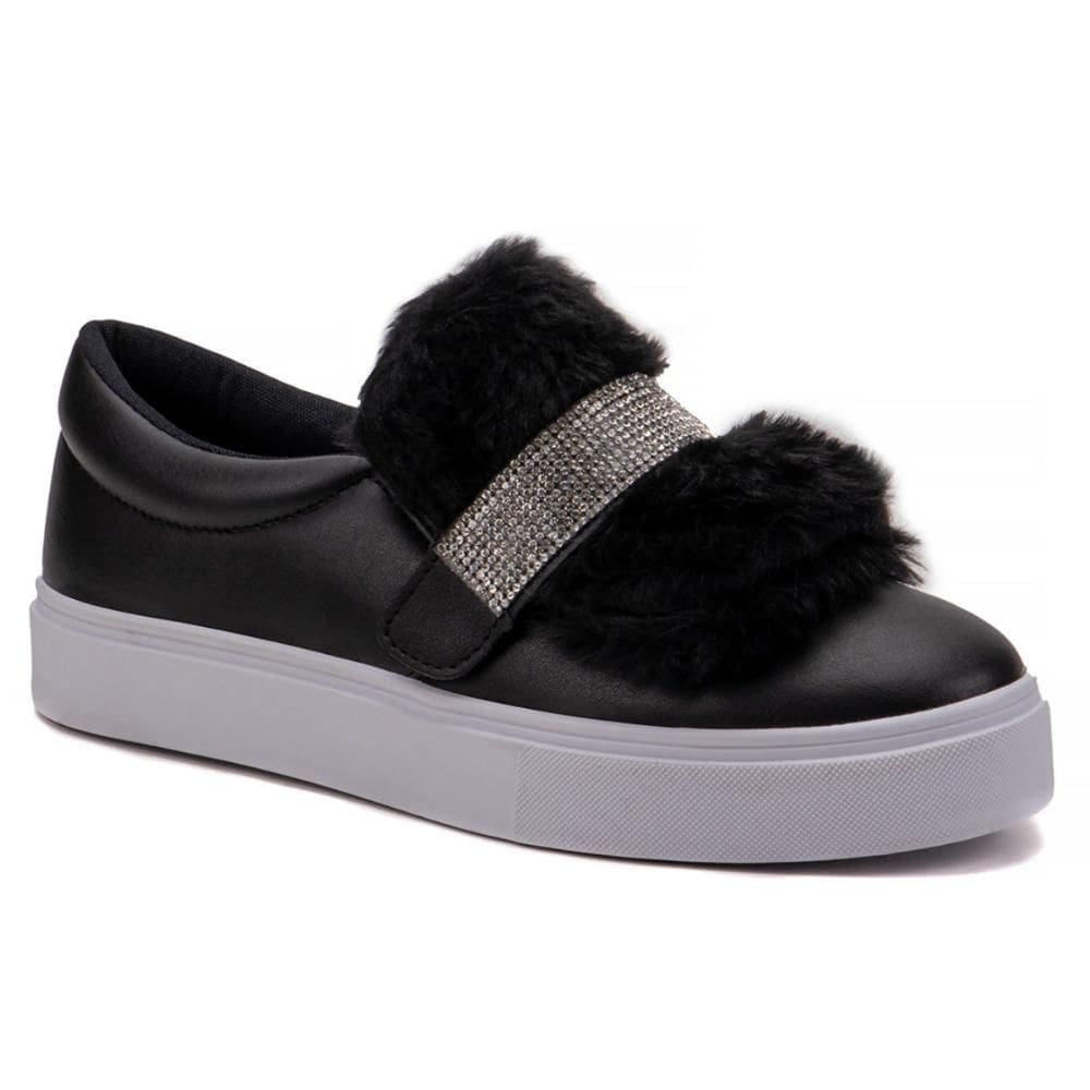 Tênis Feminino Slip On 3 em 1 Casual Strass E Pelúcia