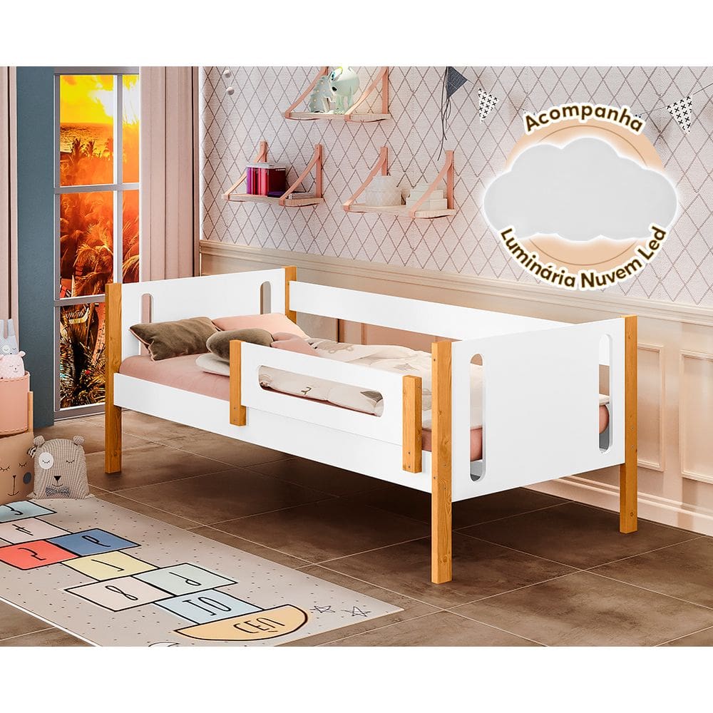 Cama de Solteiro Mirela Branco/amêndoa com Grade de Proteção Luminária Led