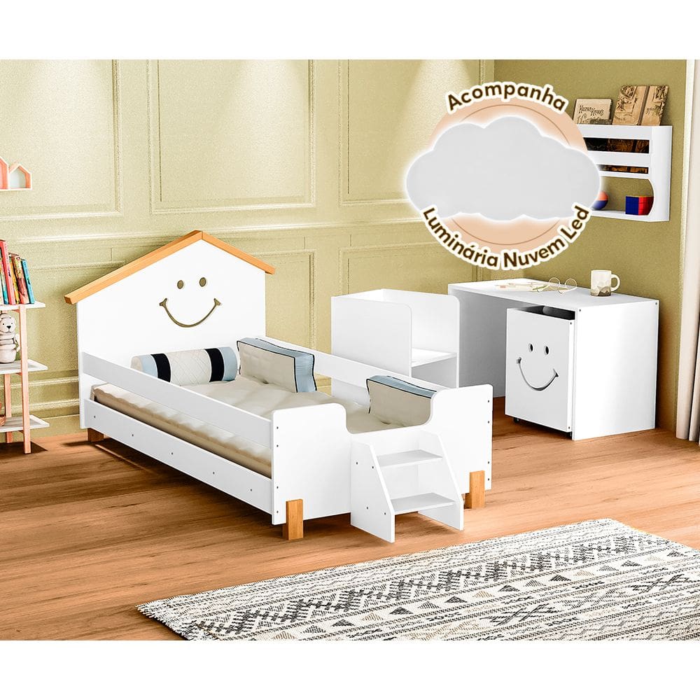 Cama Juvenil Infantil Alegra Branca e Amêndoa Luminária Led
