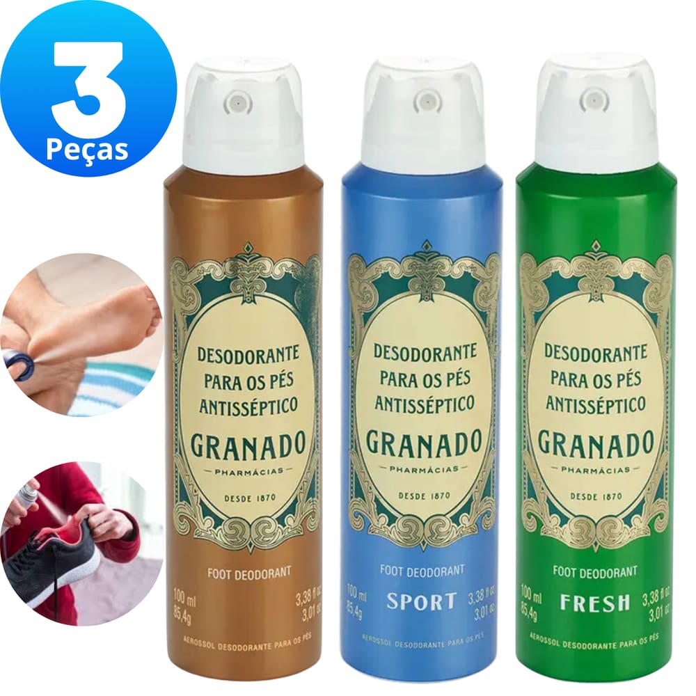 Kit 3 Desodorantes Spray Para Pés Antisséptico Granado 100ml