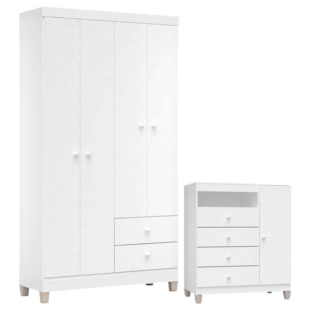 Cômoda e Guarda Roupa 4 Portas Baby Kids Branco Flex - Incorplac