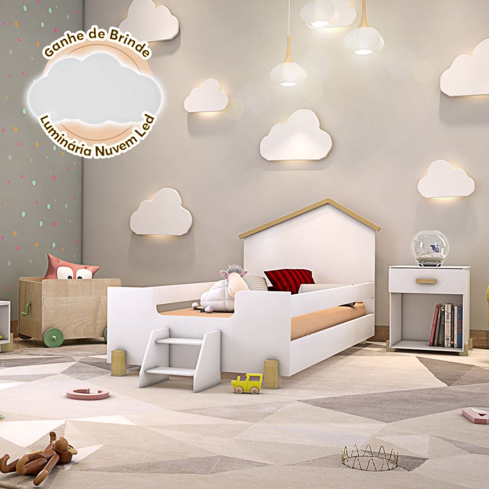 Cama de Criança Infantil Montessoriana com Escadinha Solteiro Ayla Branca e Natural Acompanha Luminá
