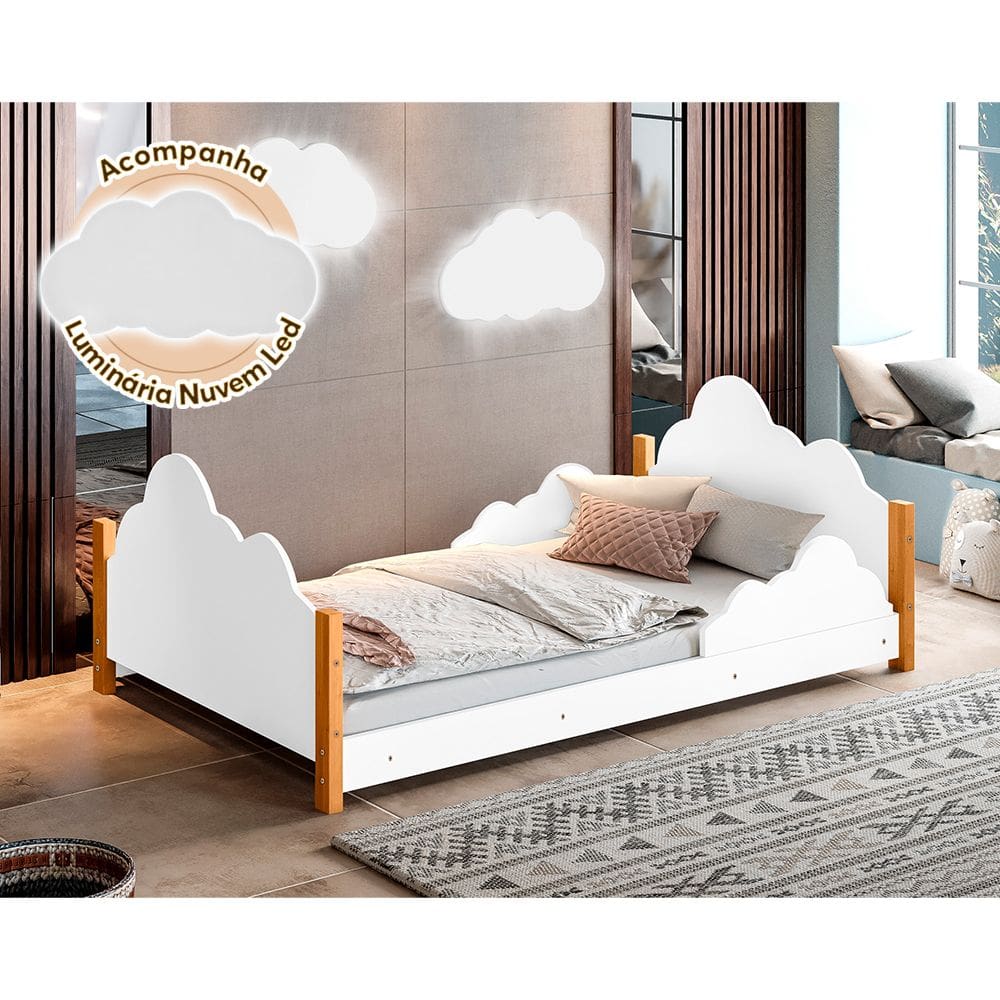 Cama de Criança Infantil Montessoriana Cristal Juvenil Branca e Amêndoa Luminária Led