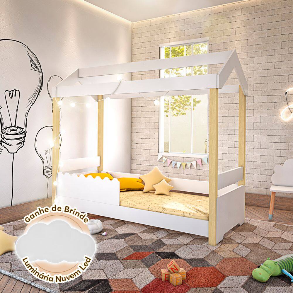 Cama Montessoriana Infantil Casinha Solteiro Grade Branca Jhulia Branco/natural Acompanha Luminária