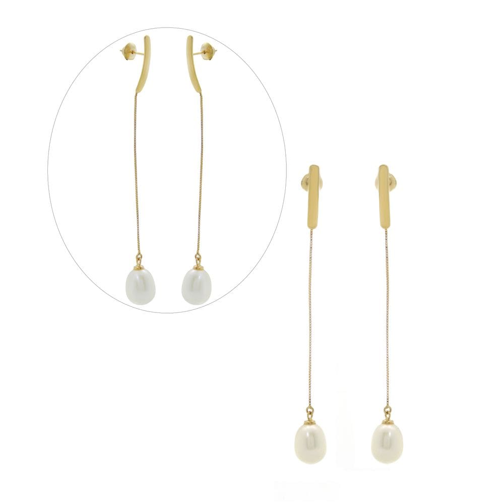 Brinco Pendente Fio Pérola Natural Luxuoso Ouro 18k J25454