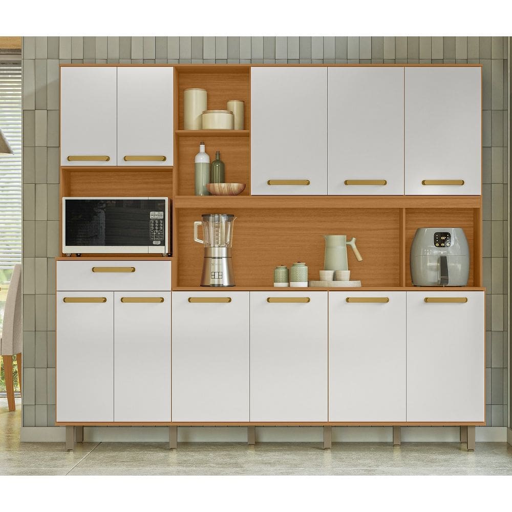 Armário de Cozinha Pilar 220m 11 Portas 1 Gaveta - Freijó Uv/Off Acetinado Poliman