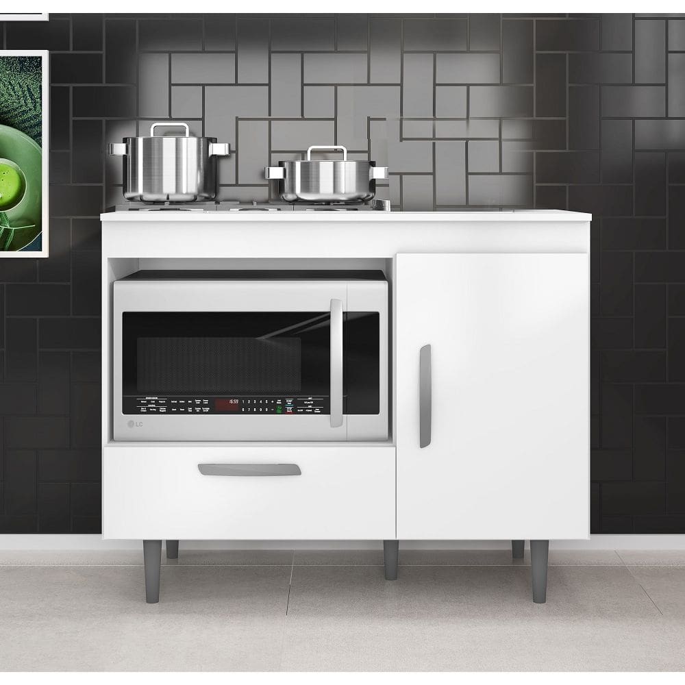 Balcão para Cooktop Alecrim 4 Bocas 105cm 1 Porta 1 Gaveta com Nicho p/ Forno ou Microondas - Branco Poliman