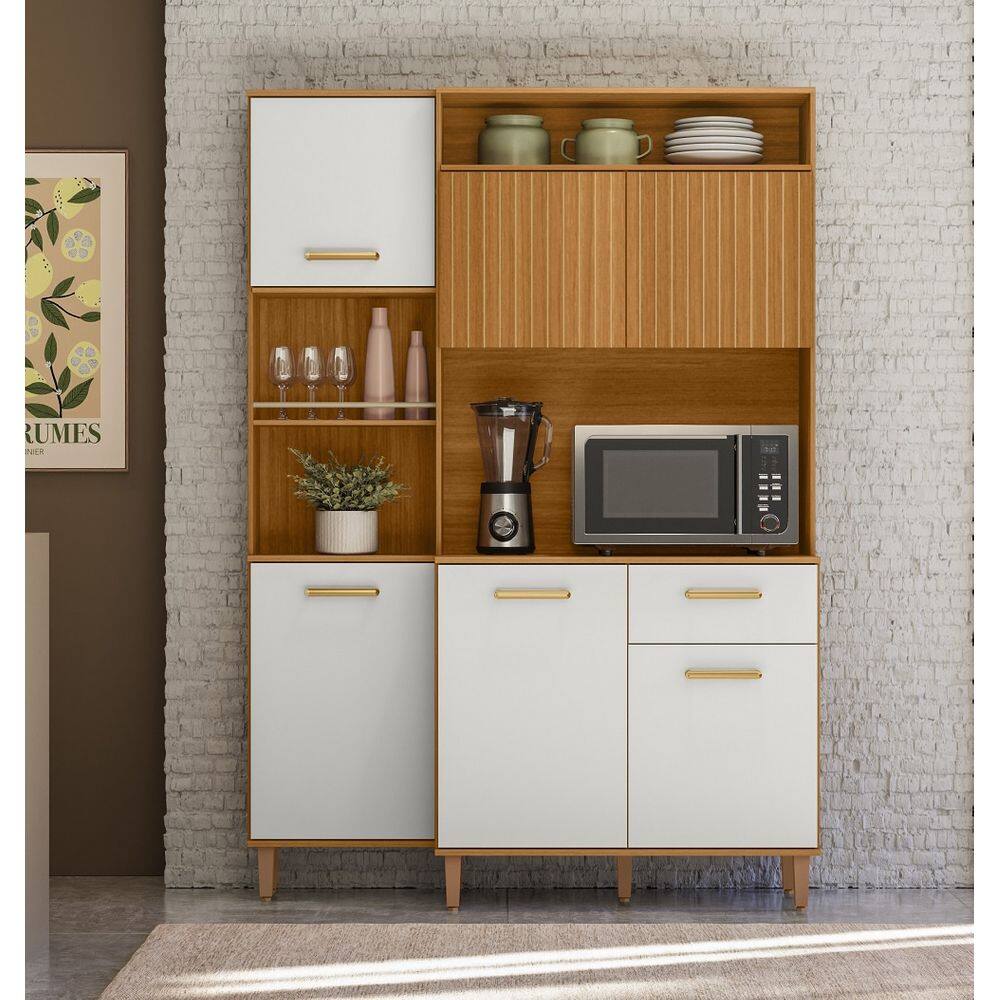 Armário de Cozinha Compacta 137cm July Freijó Uv/Off Acetinado/Ripado Frisado Poliman