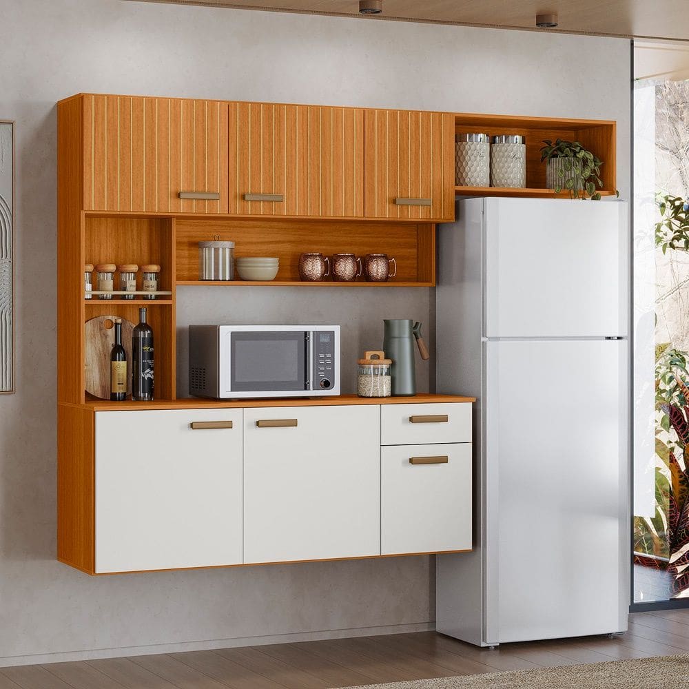 Cozinha Compacta Suspensa Manu 6 Portas 1 Gaveta e Nichos Freijó UV/Off Acetinado/ Ripado Poliman