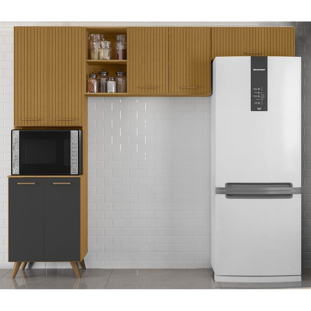 Armário de Cozinha Compacta 3 peças Olinda - Freijó UV/ Ripado/Grafite Acetinado Poliman