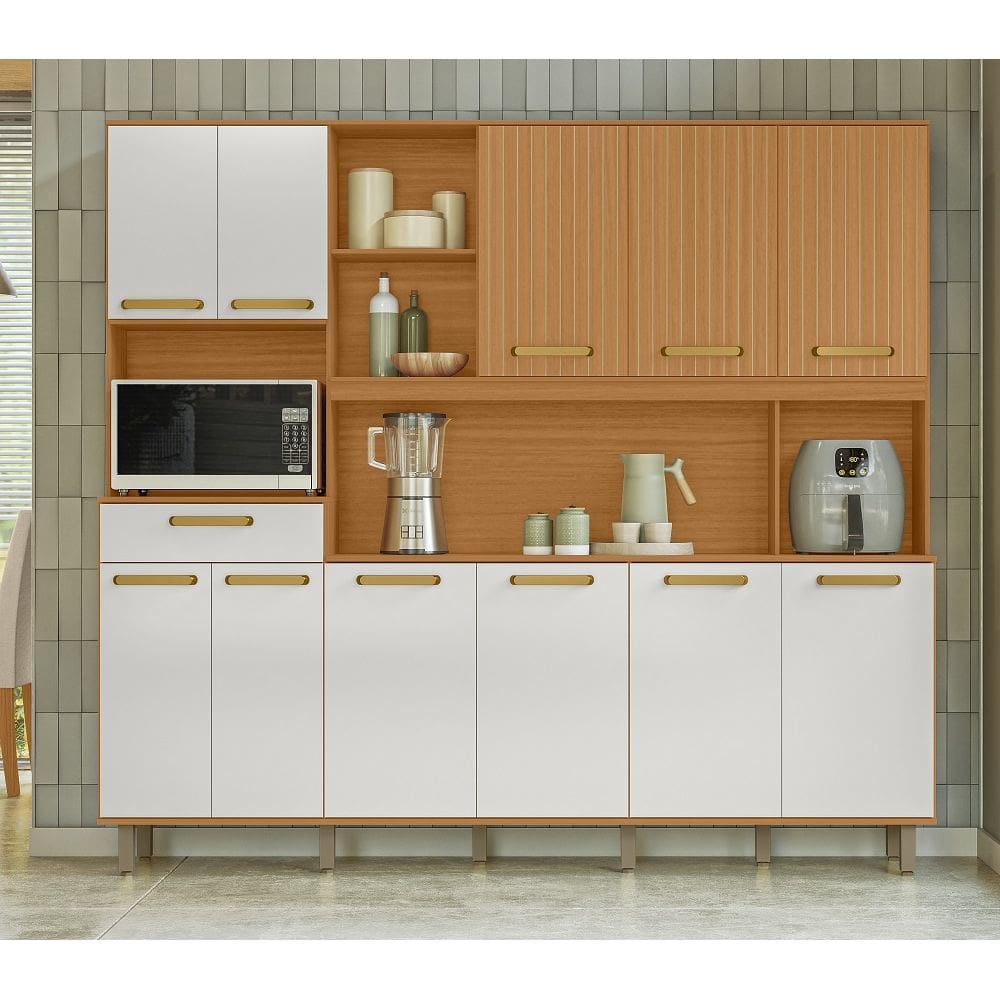 Armário de Cozinha Pilar Detalhes Ripado Frisado 11 Portas 1 Gaveta - Freijó Uv/Off Acetinado/Ripado Frisado Poliman