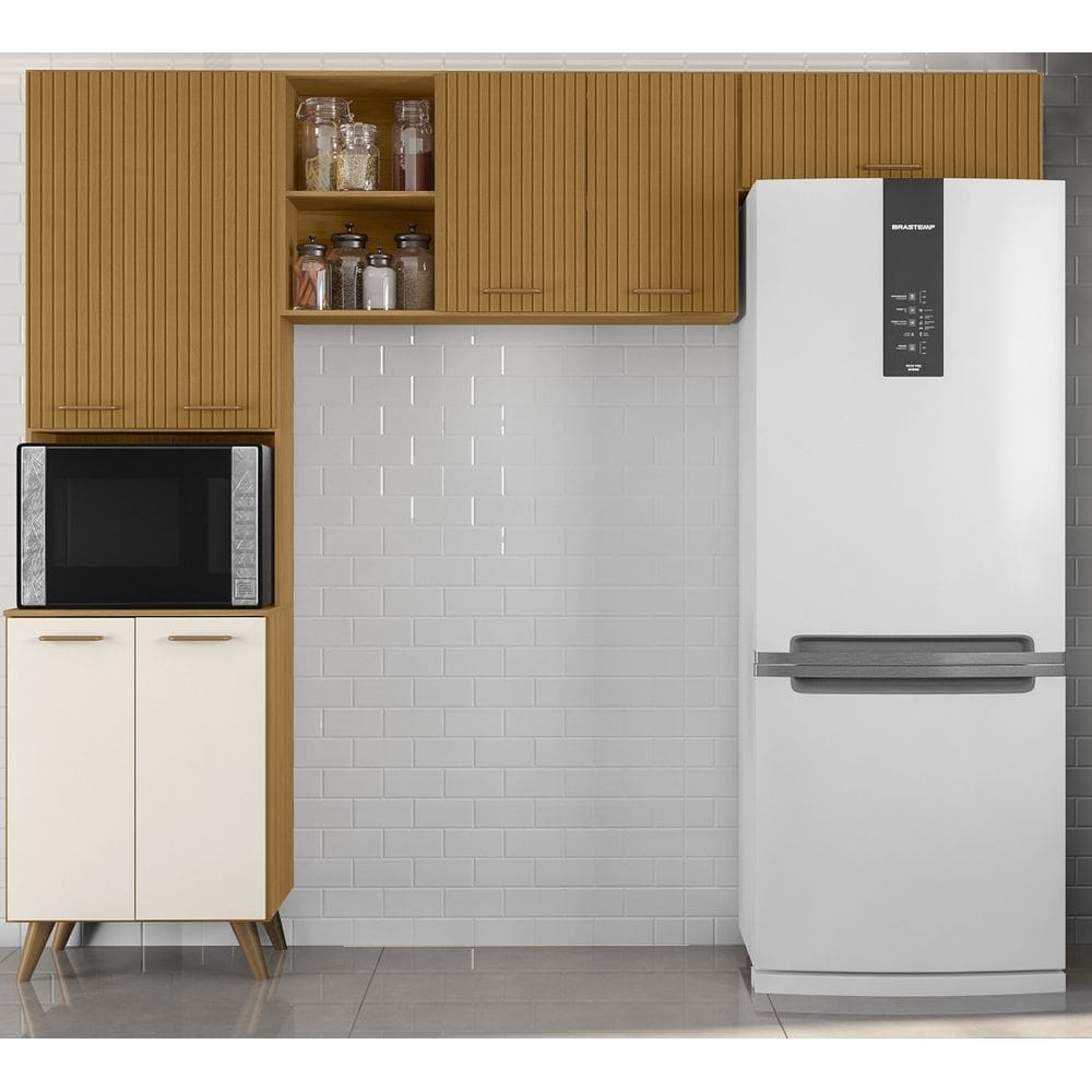 Armário de Cozinha Compacta 3 peças Olinda - Freijó UV/ Ripado/ Off Acetinado Poliman