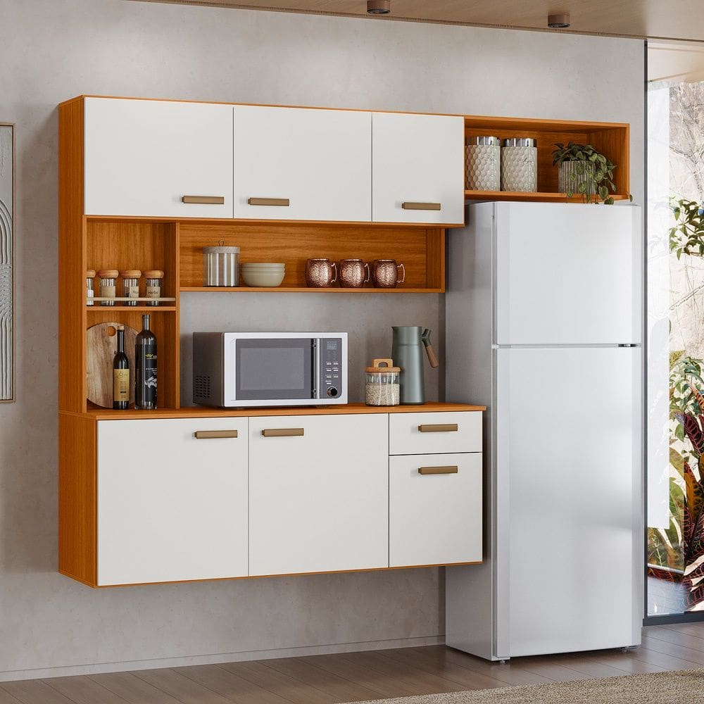 Cozinha Compacta Suspensa Manu 6 Portas 1 Gaveta e Nichos Freijó UV/Off Acetinado Poliman