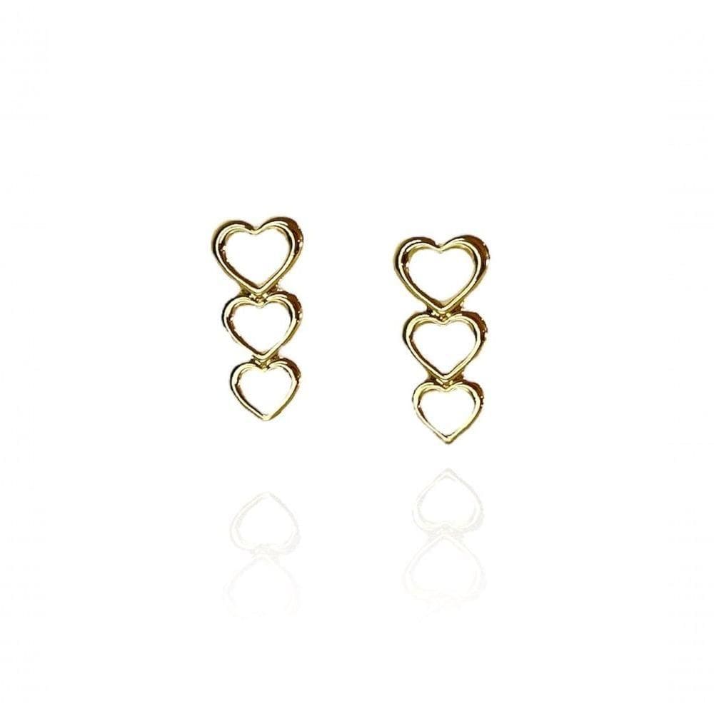 Brinco Três Corações Vazados Banhado Em Ouro 18k