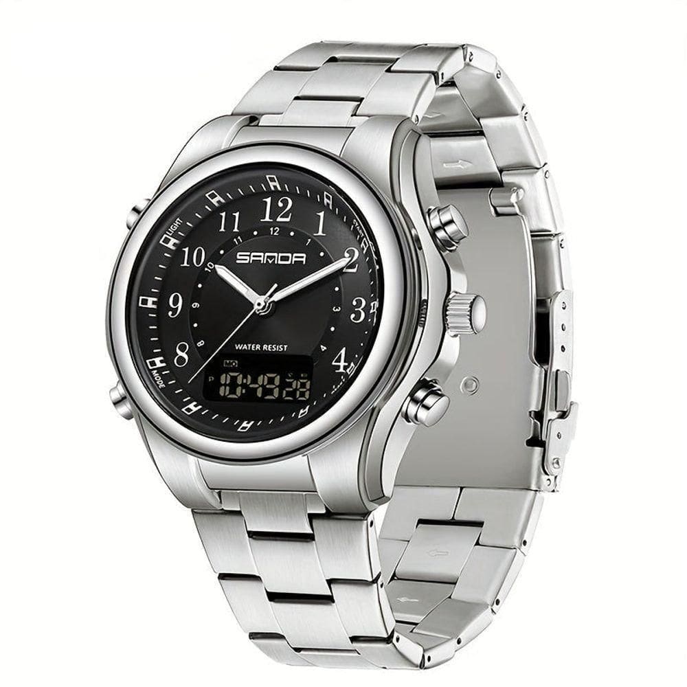 Relógio Masculino Fashion Pulseira De Aço Inoxidável Resistente À Água 50m Prateado Preto A
