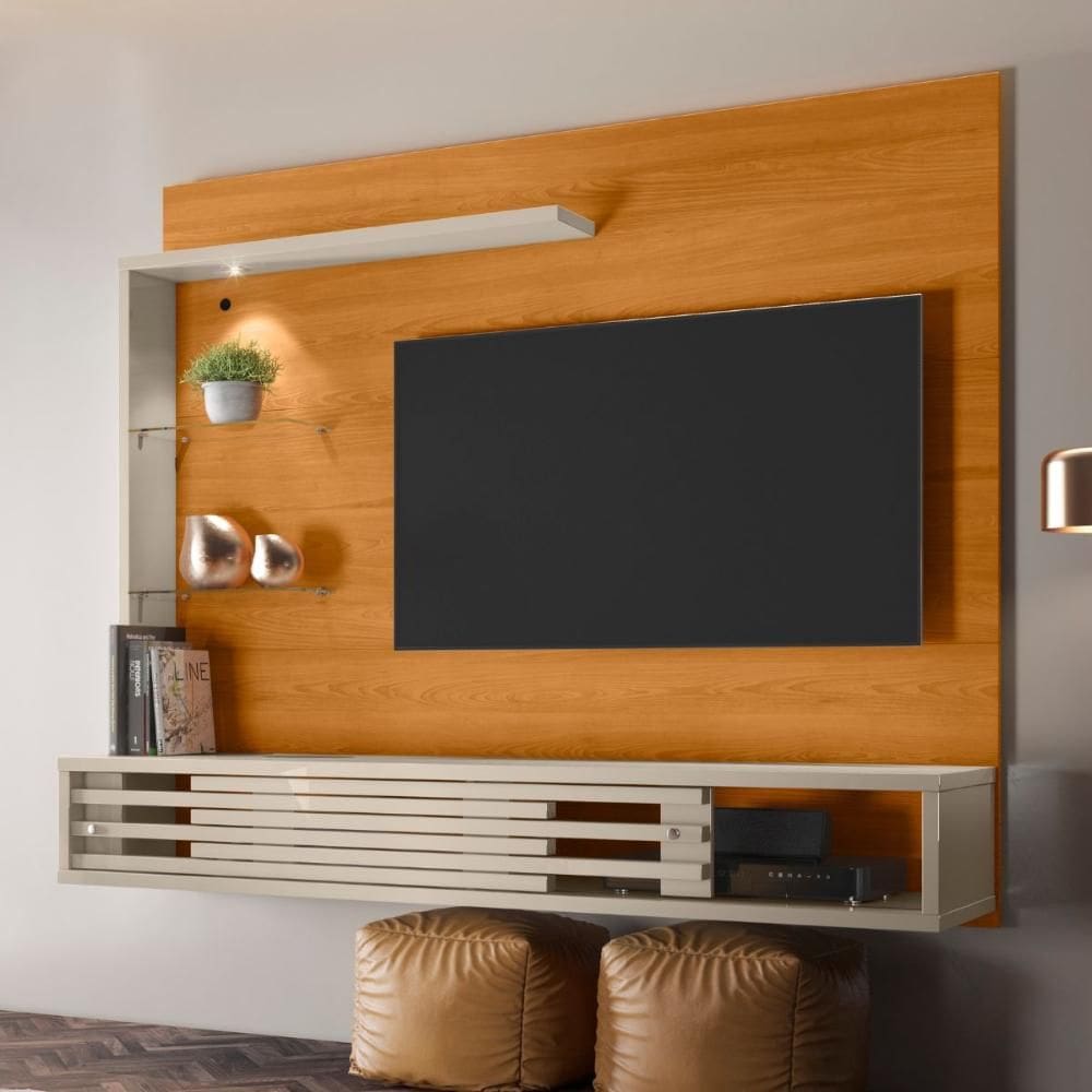 Home Para TV Com LED Porta Deslizante Cinamomo Off White